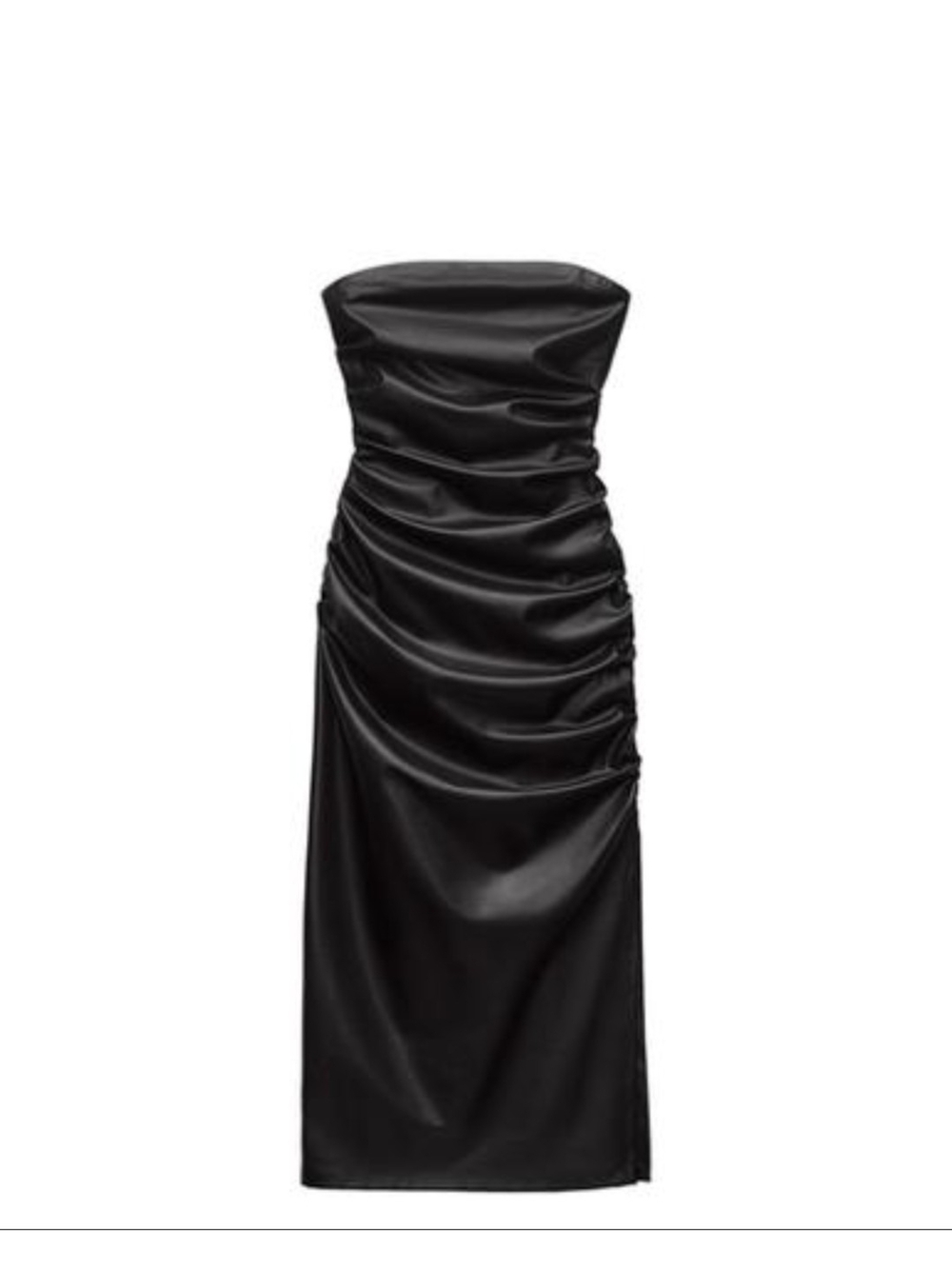 Zara Black Strapless Ruched Faux Leather Midi Dress